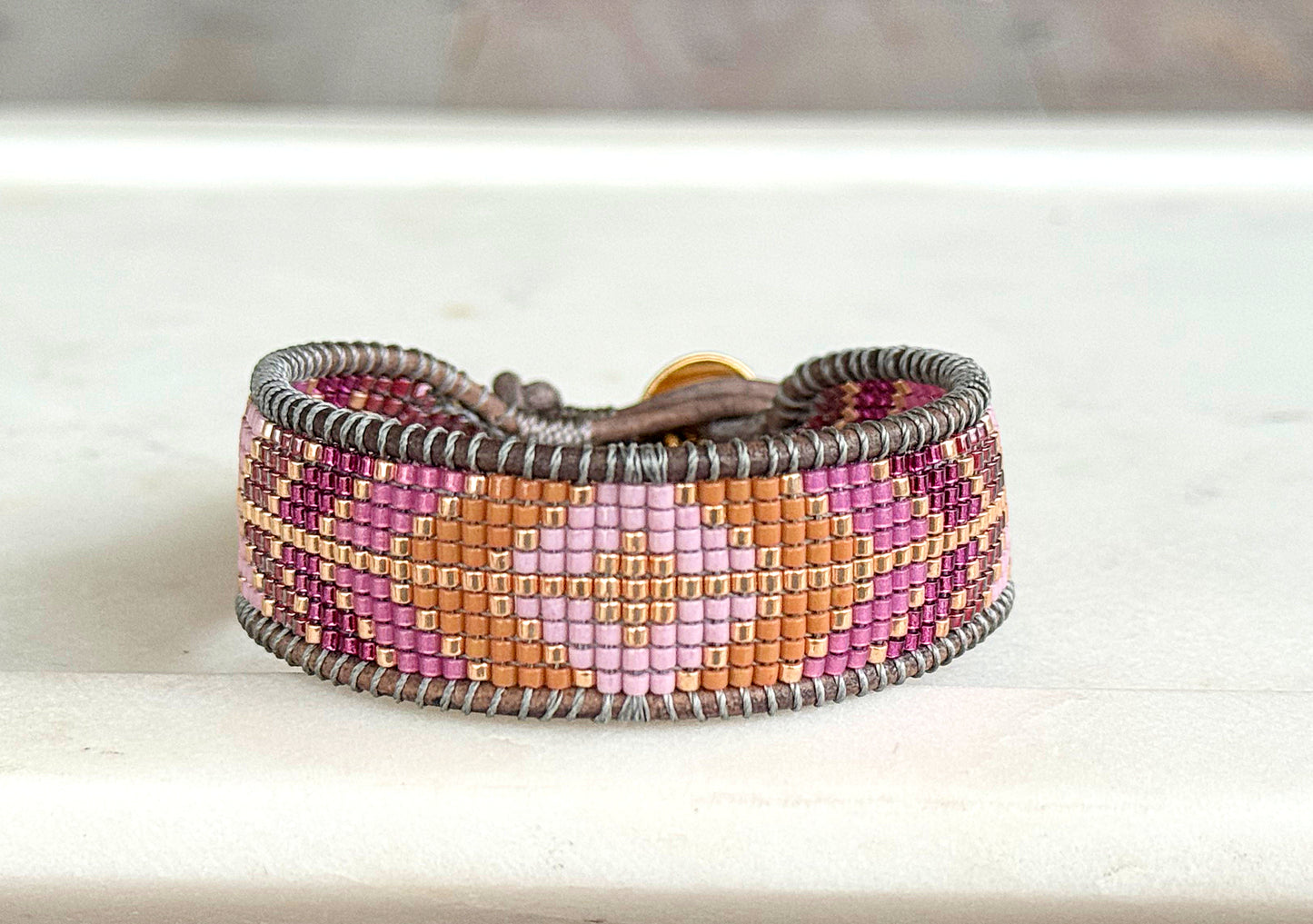 Purple and Peony Geometric Diamond Arrow Loom Beaded Leather friendship bracelet