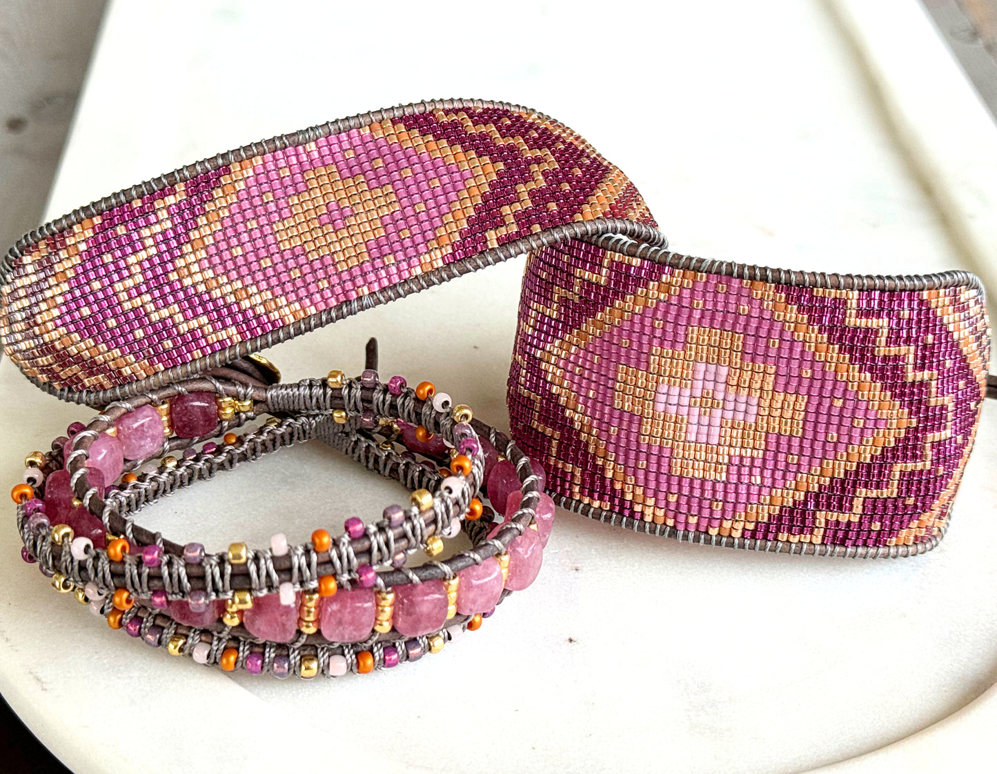 PInk Jade, purple, and gold macrame 3 wrap bracelet