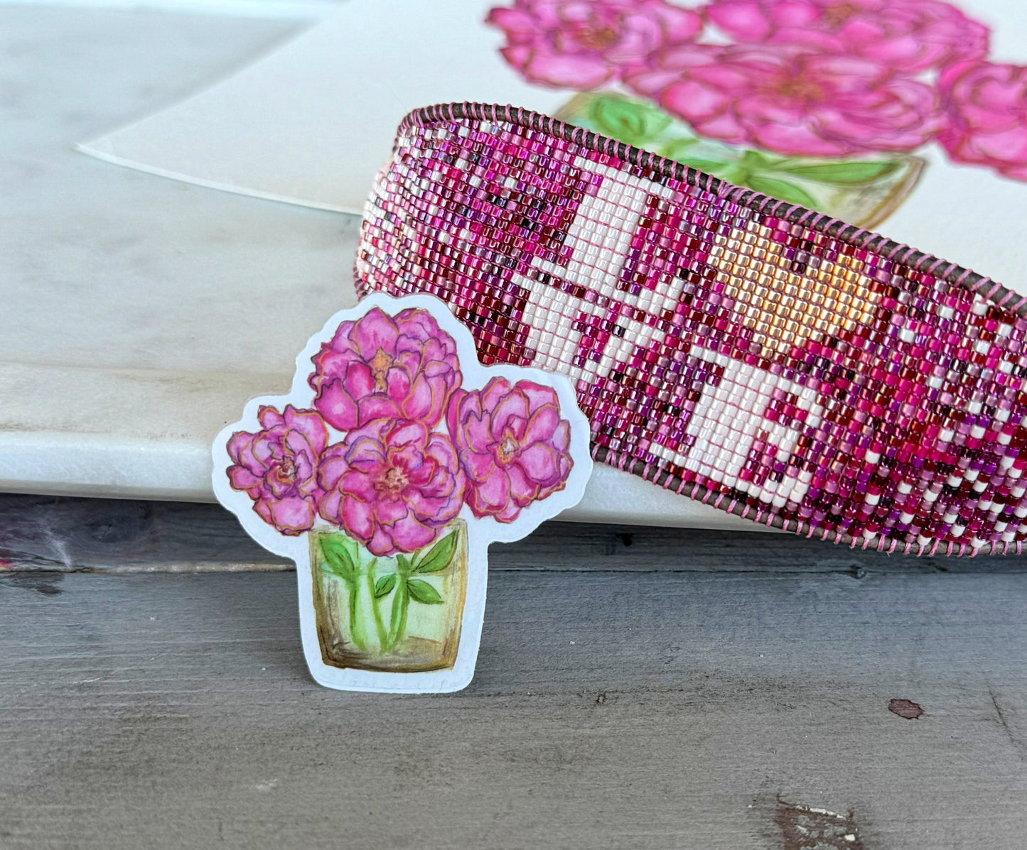 Pink Peony Floral Watercolor Waterproof Vinyl decal sticker, bumper sticker, sticker for water bottle white mini Daisy sticker