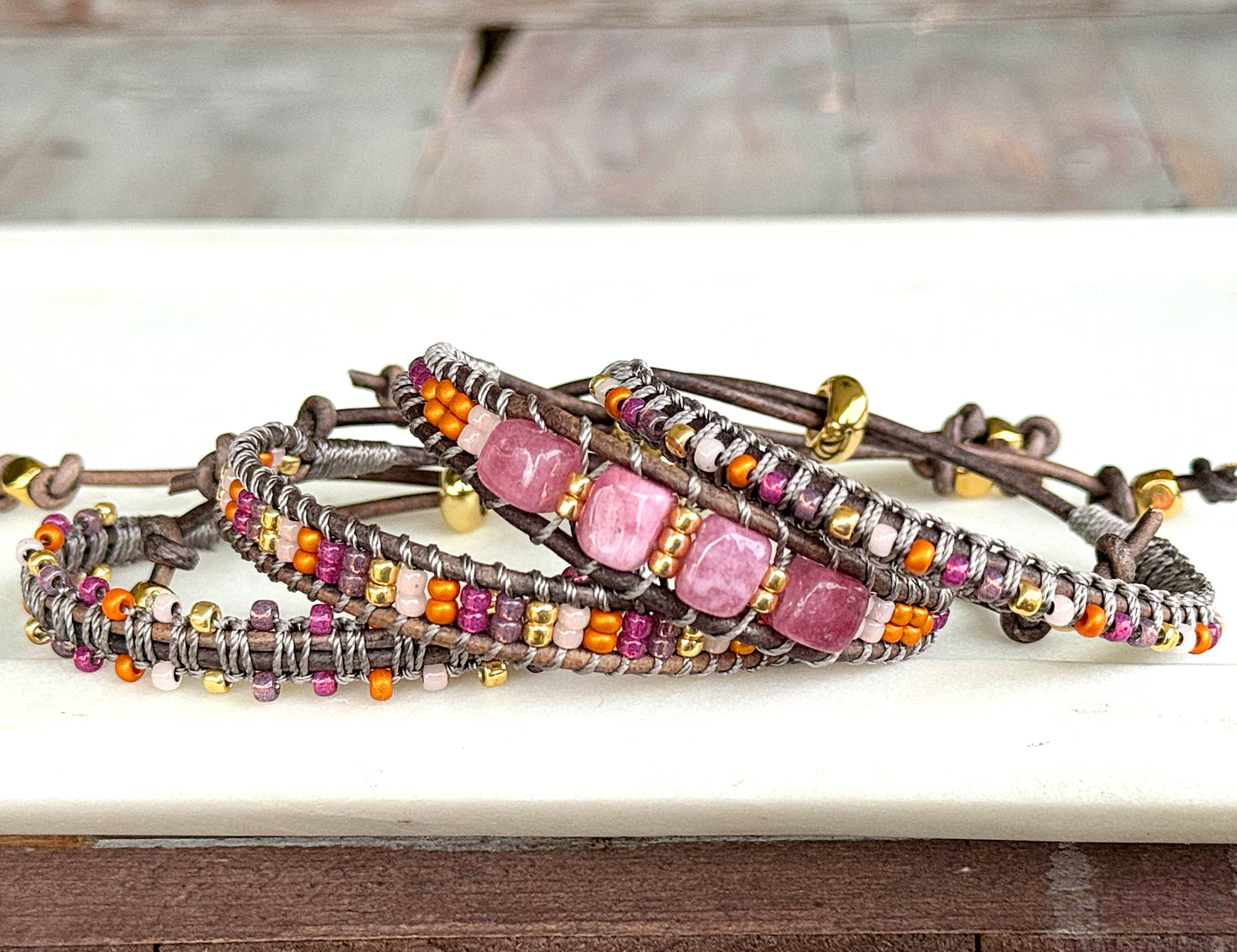 Peony Pink, Purple, and Gold Slide Adjustable Beaded Macrame Bracelet Set