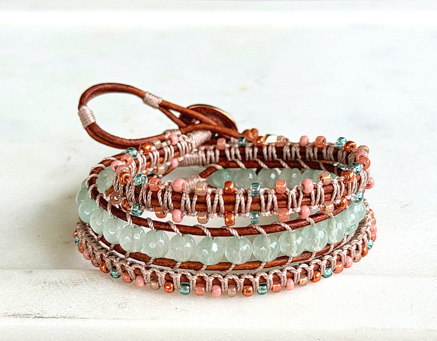 Sea glass Jade and Blush Rose Macrame Wrap bracelet
