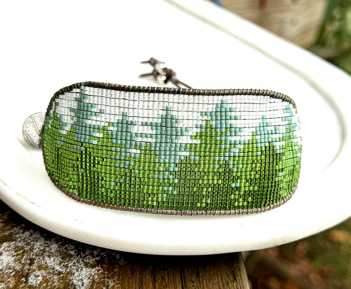 Into the Forest Evergreen Bead Loom Woven Wide Cuff Bracelet with Leather Trim