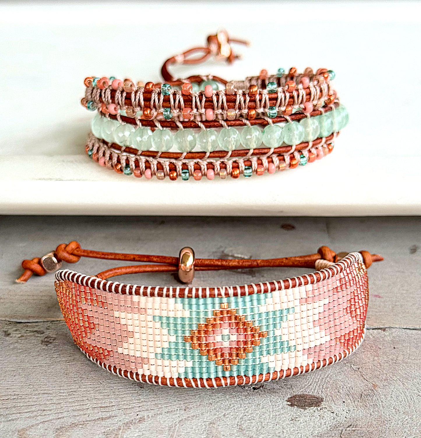Sea glass Jade and Blush Rose Macrame Wrap bracelet