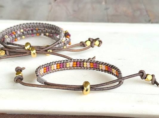 Peony Pink, Purple, and Gold Slide Adjustable Beaded Macrame Bracelet Set