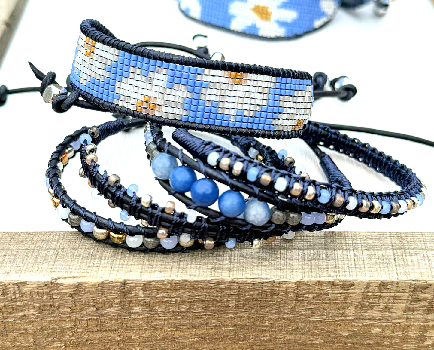 Blue Daisy Bead Loom Woven Bracelet