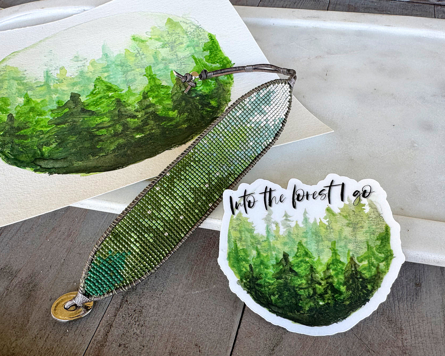 Into the Forest I Go evergreen Forest watercolor clear vinyl waterproof sticker