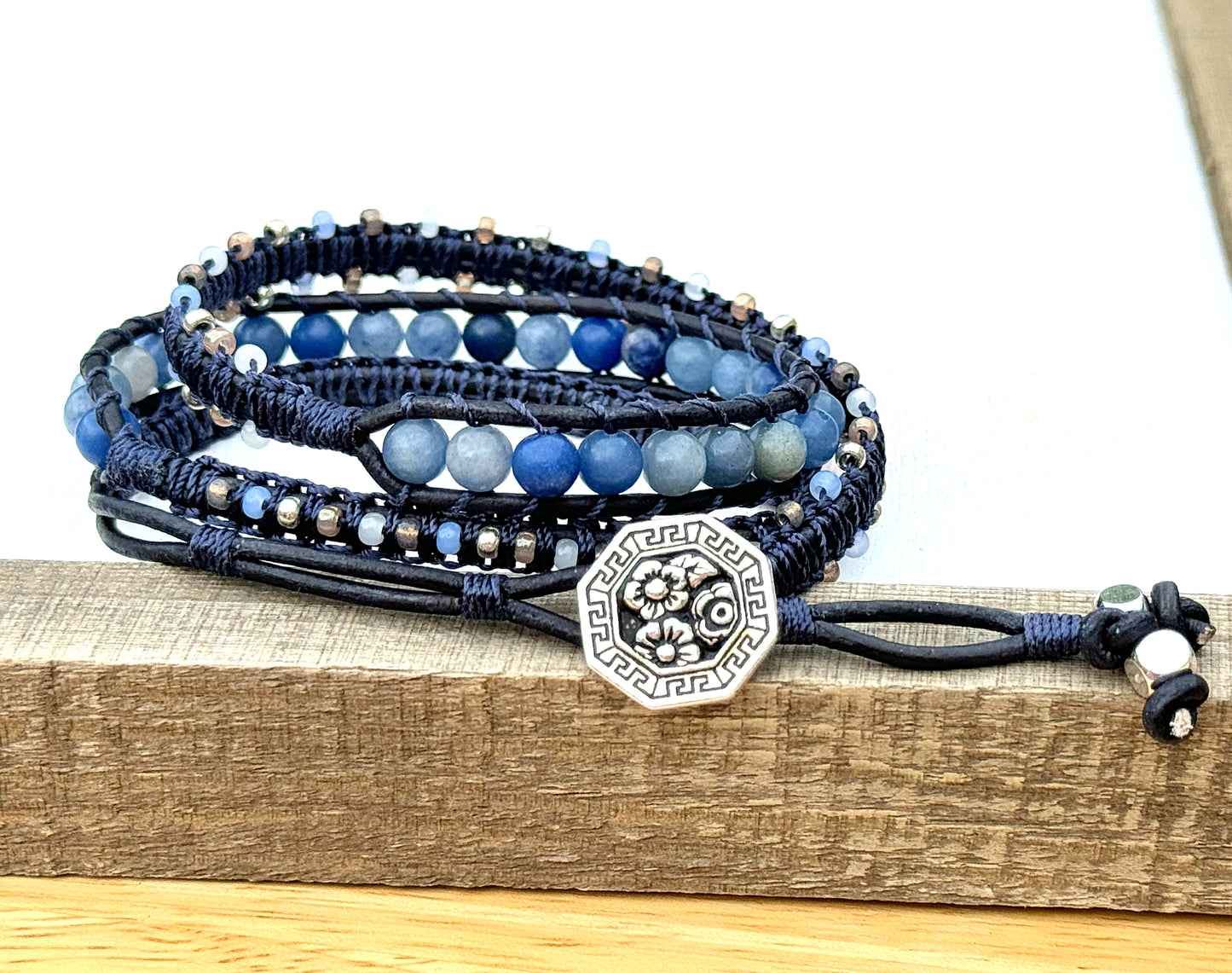 Blue Adventurine, White, Tan, Gray, and Silver Beaded Macrame Wrap bracelet