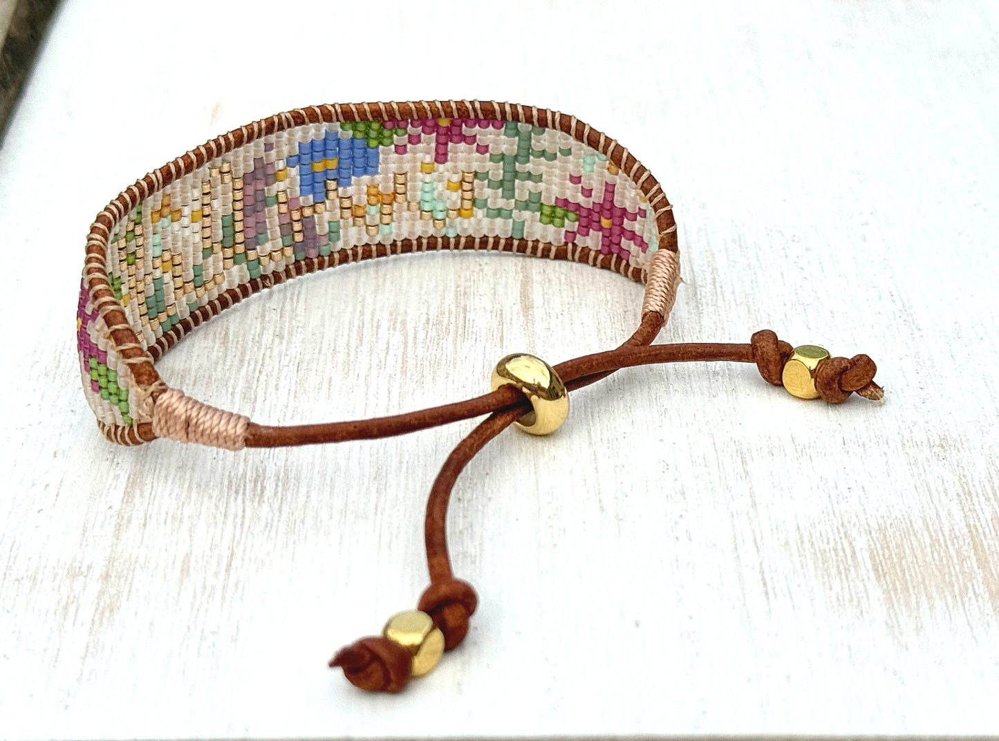 WILD flower bead loom woven bracelet with slide adjustable leather trim