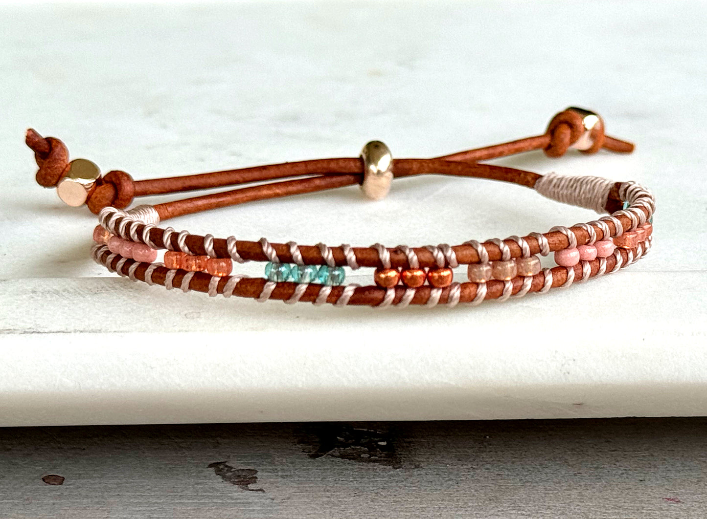 Sea Glass Jade Blush Rose and glass bead Adjustable Leather Bracelet
