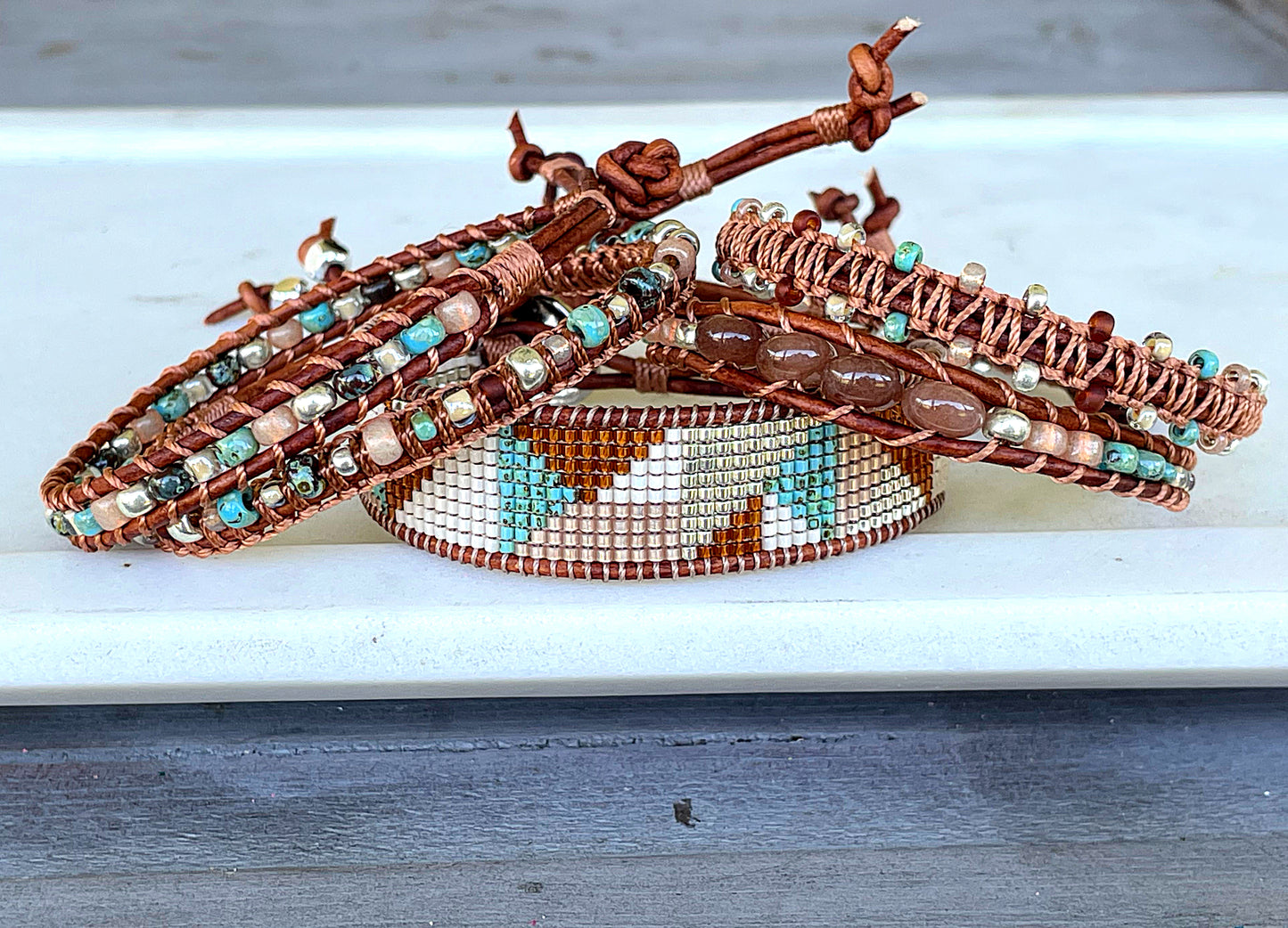 Abstract Earthy Tan Turquoise and Silver Geometric Bead Loom Woven Bracelet