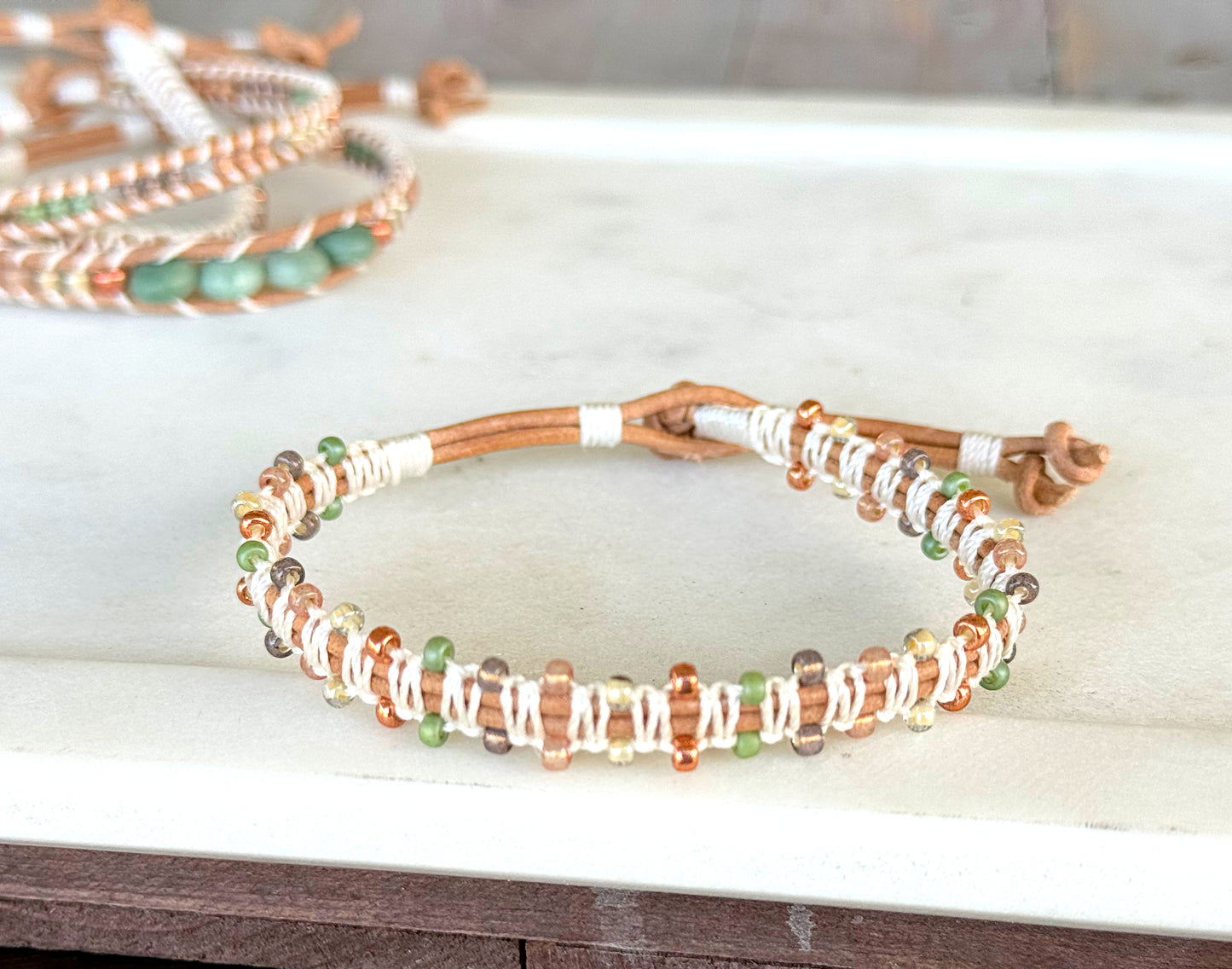 Jade and neutral Sage and Copper Beaded Macrame Bracelet Set