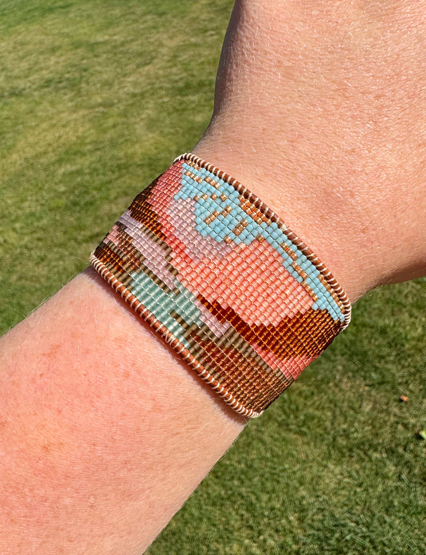 Red Rocks Western Grand Canyon Bead Loom Woven Bracelet Slide adjustable Clasp and Leather Trim
