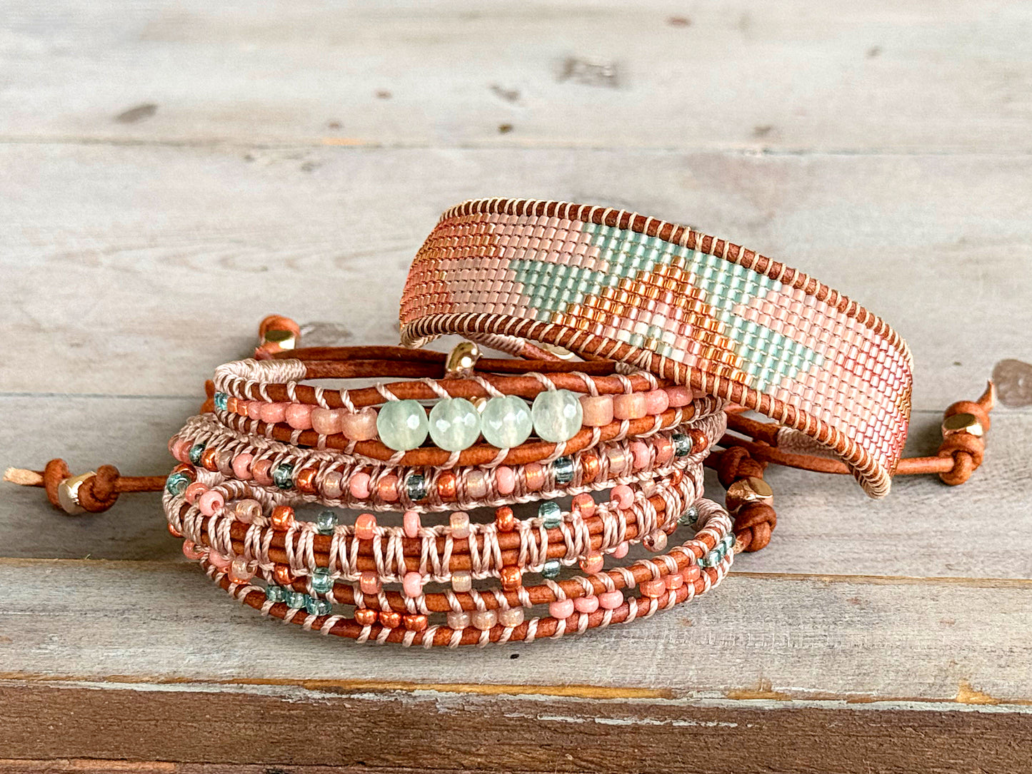 Sea Glass and Blush Rose Western Loom and Macrame Bracelet stack set