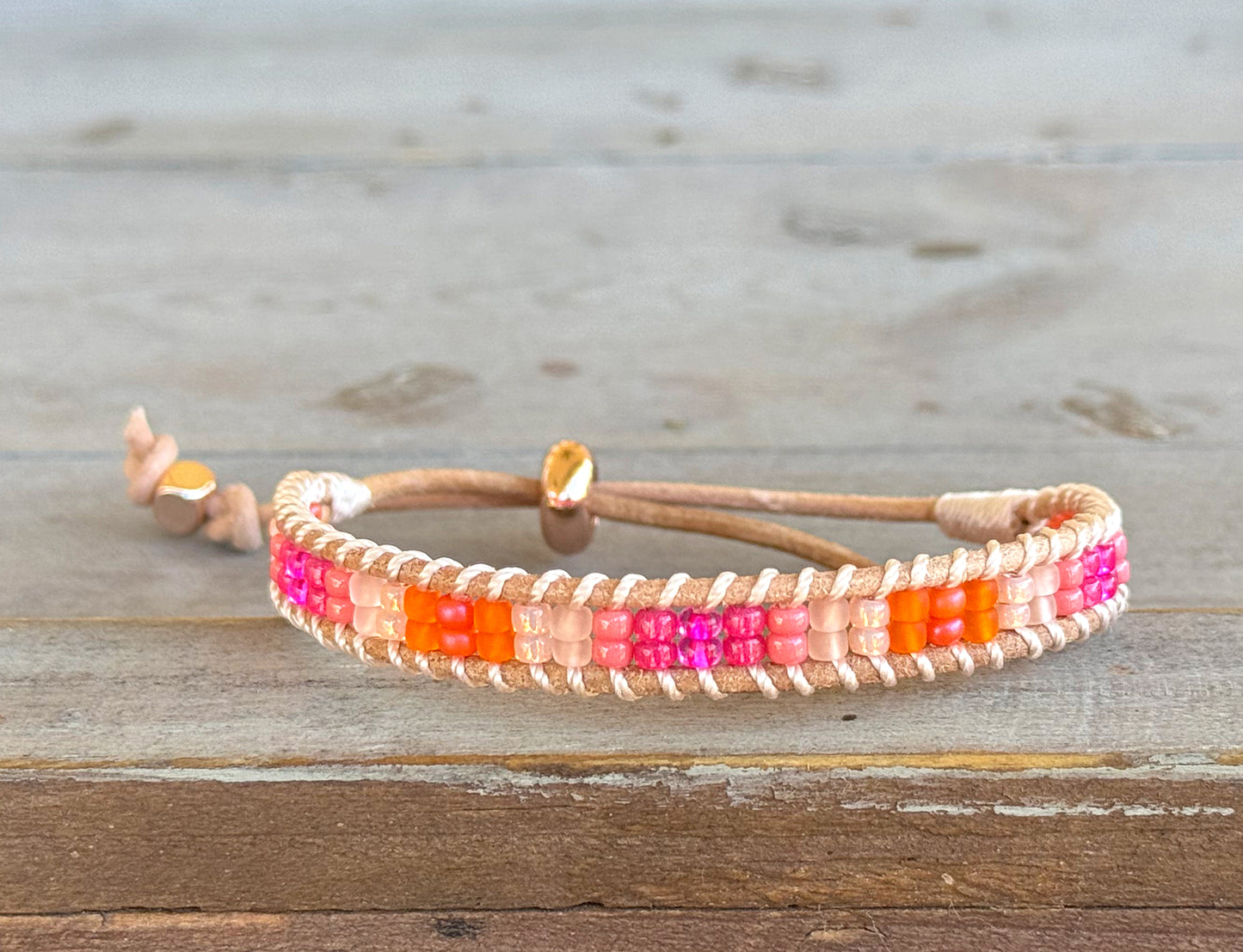 Hot pink Agate and glass bead Adjustable Leather Bracelet