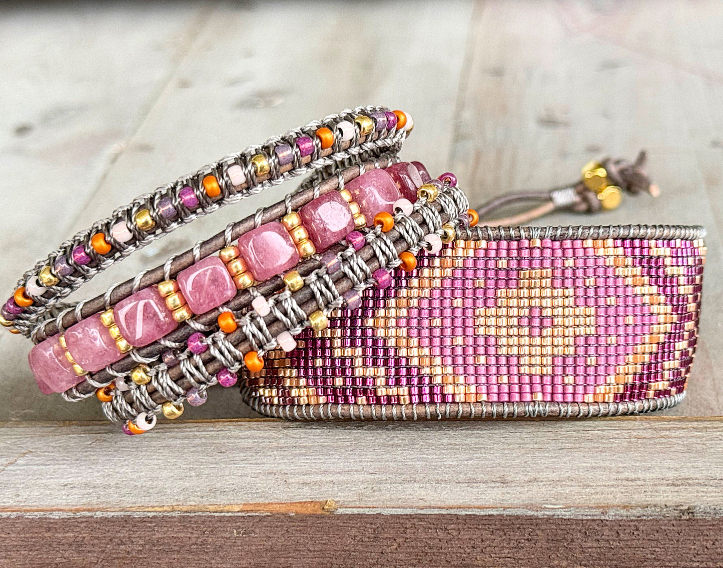 PInk Jade, purple, and gold macrame 3 wrap bracelet
