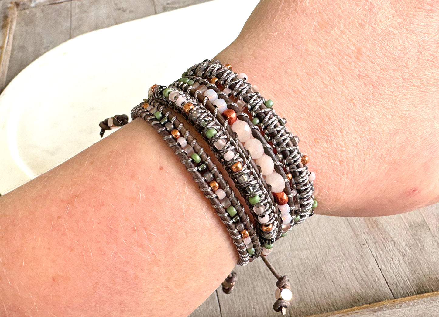Blush, Jade, Rose Gold, and Gray Adjustable Beaded Macrame Bracelet Set