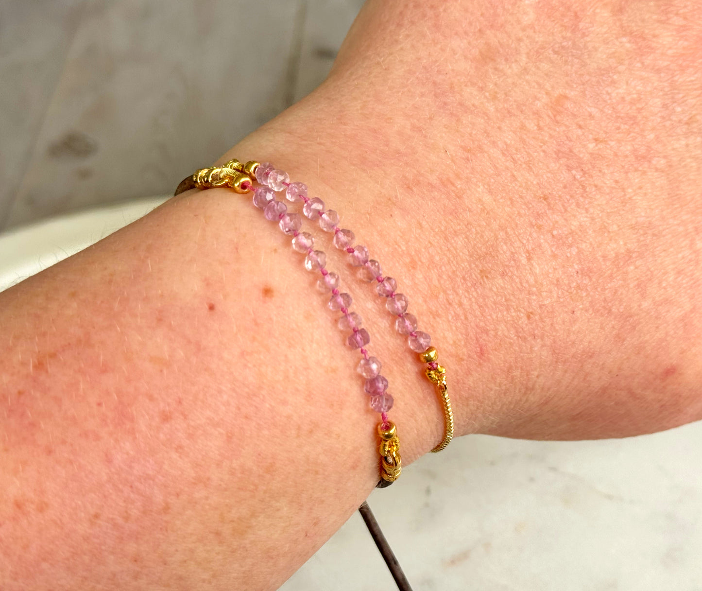 Pink Amethyst and slide adjustable chain or leather stack bracelet
