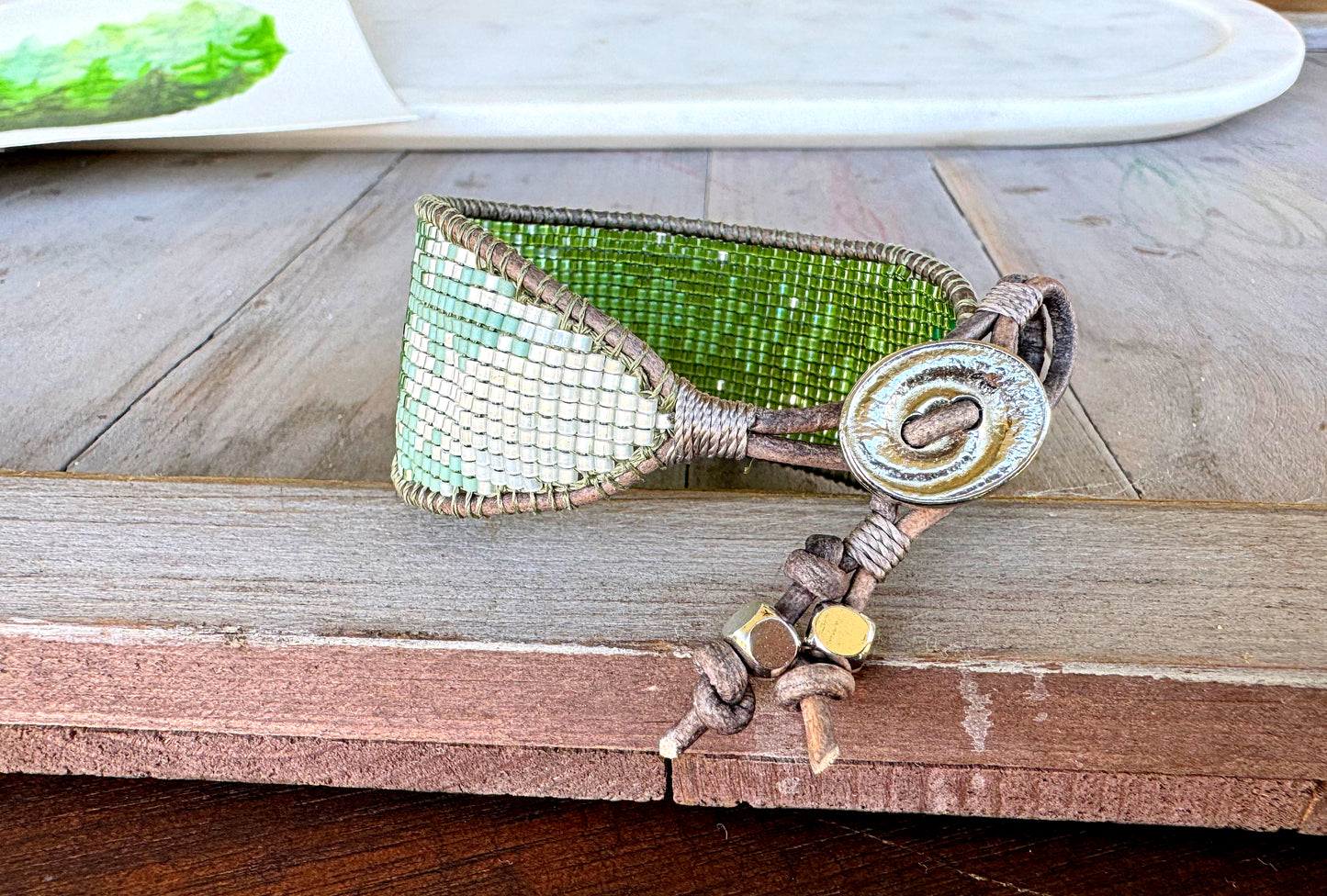 Sage, neutral, and copper starburst Western Geometric Loom and Macrame Bracelet stack set