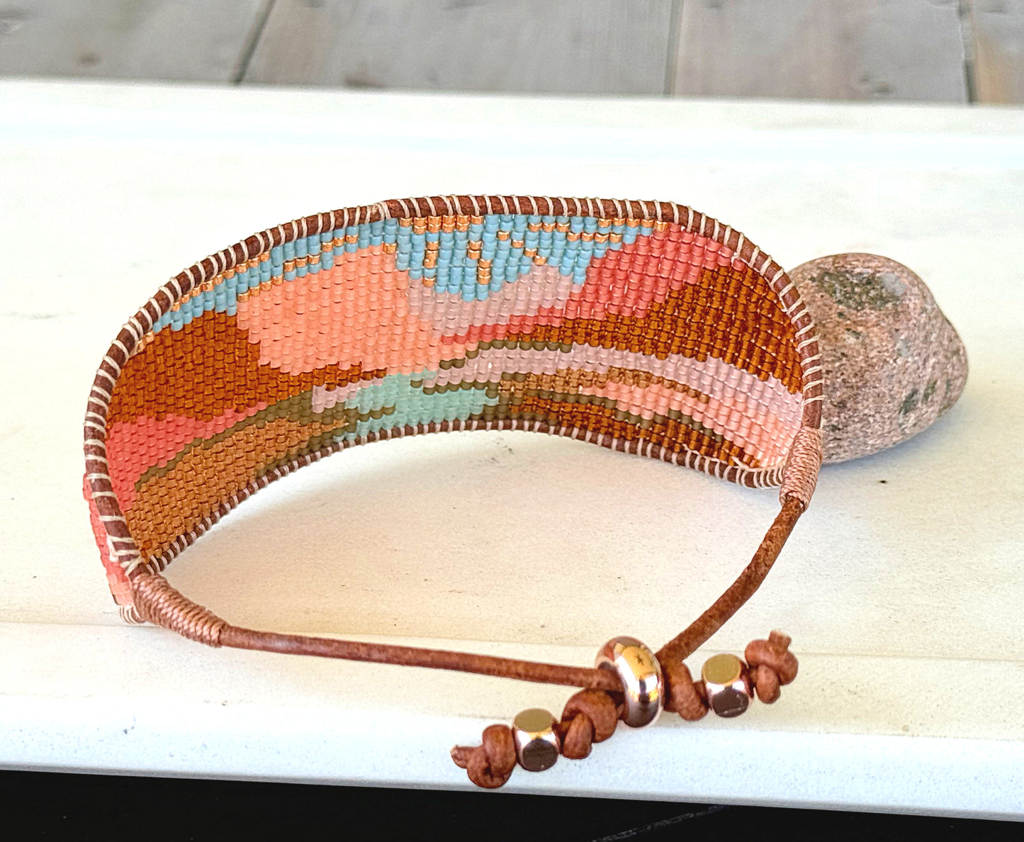 Red Rocks Western Grand Canyon Bead Loom Woven Bracelet Slide adjustable Clasp and Leather Trim
