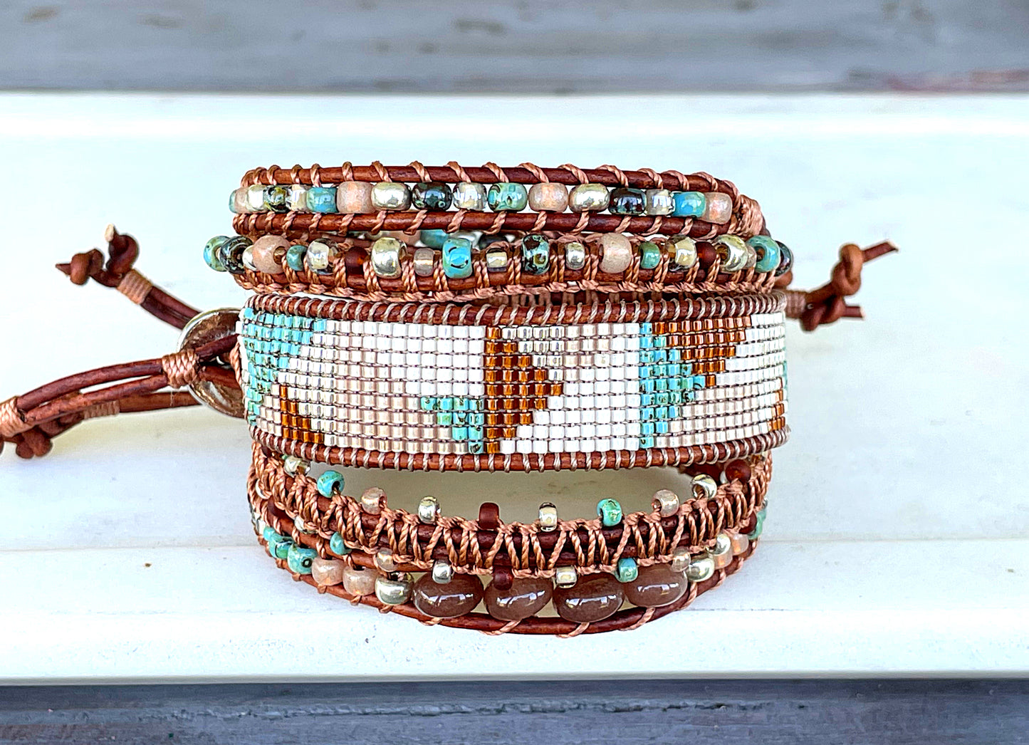 Earthy Tan Turquoise and Silver Western Geometric Loom and Macrame Bracelet stack set