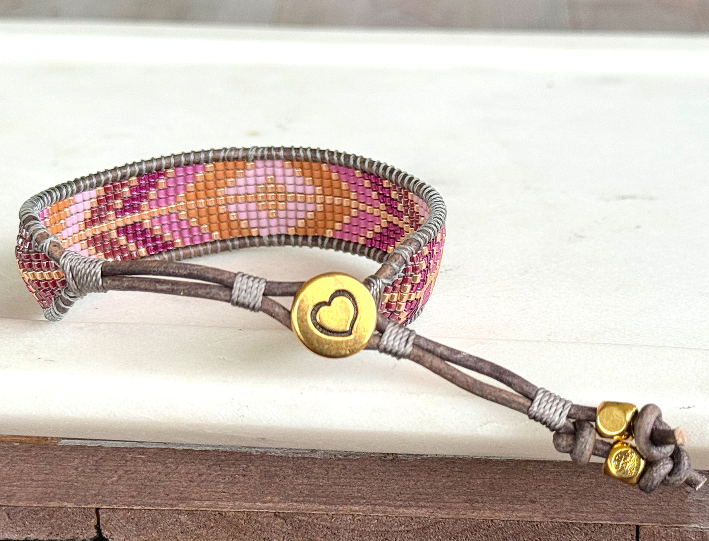 Purple and Peony Geometric Diamond Arrow Loom Beaded Leather friendship bracelet