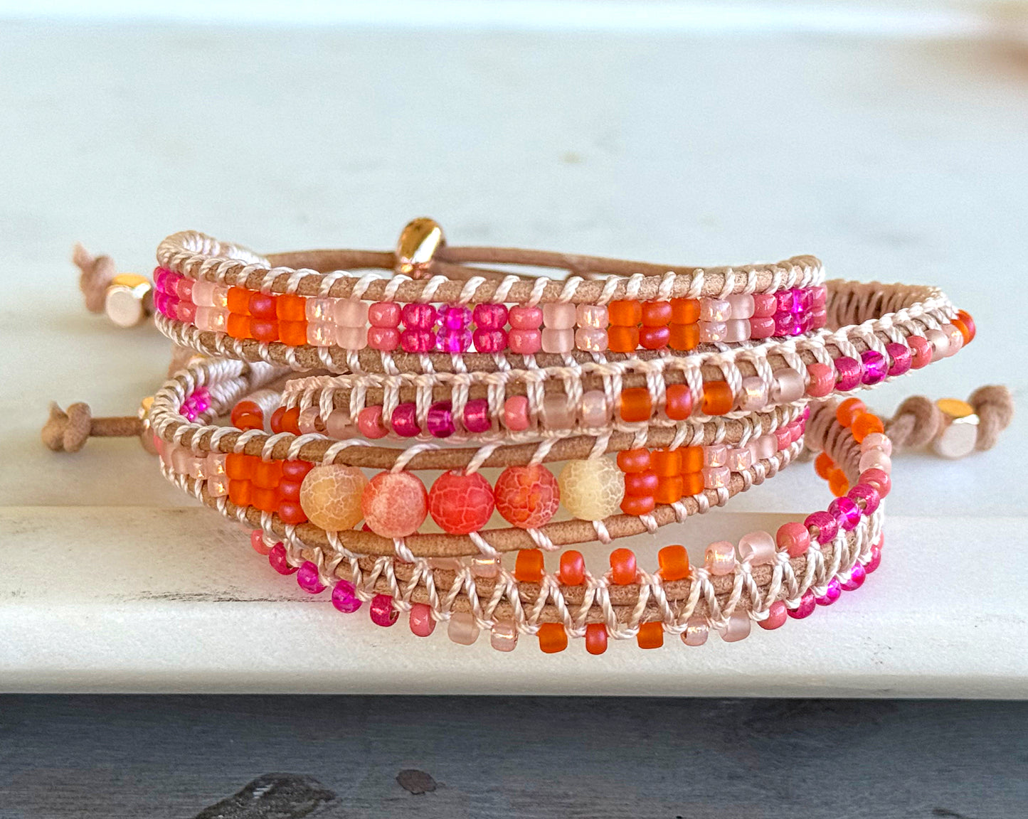 Hot pink Agate and glass bead Adjustable Leather Bracelet
