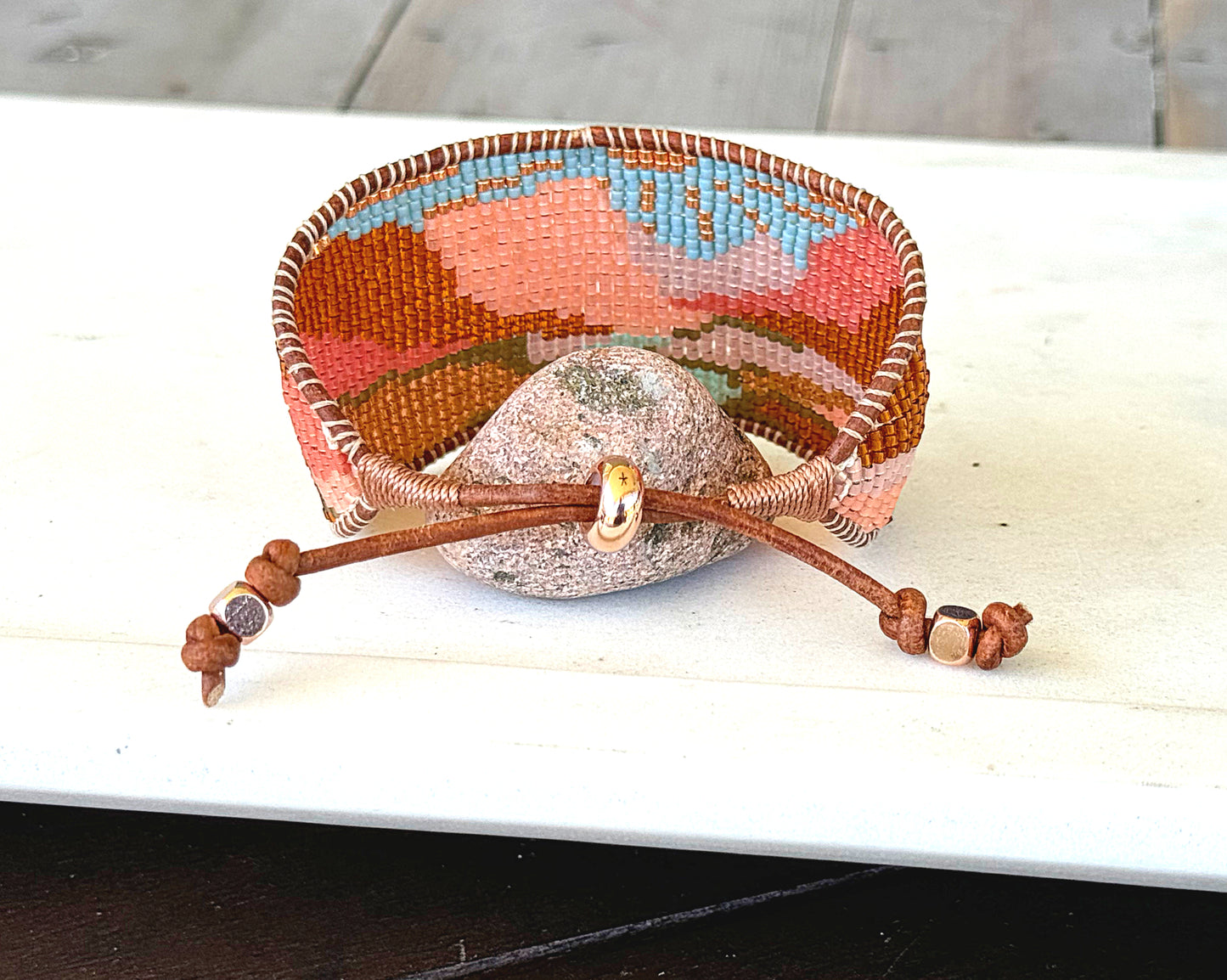 Red Rocks Western Grand Canyon Bead Loom Woven Bracelet Slide adjustable Clasp and Leather Trim