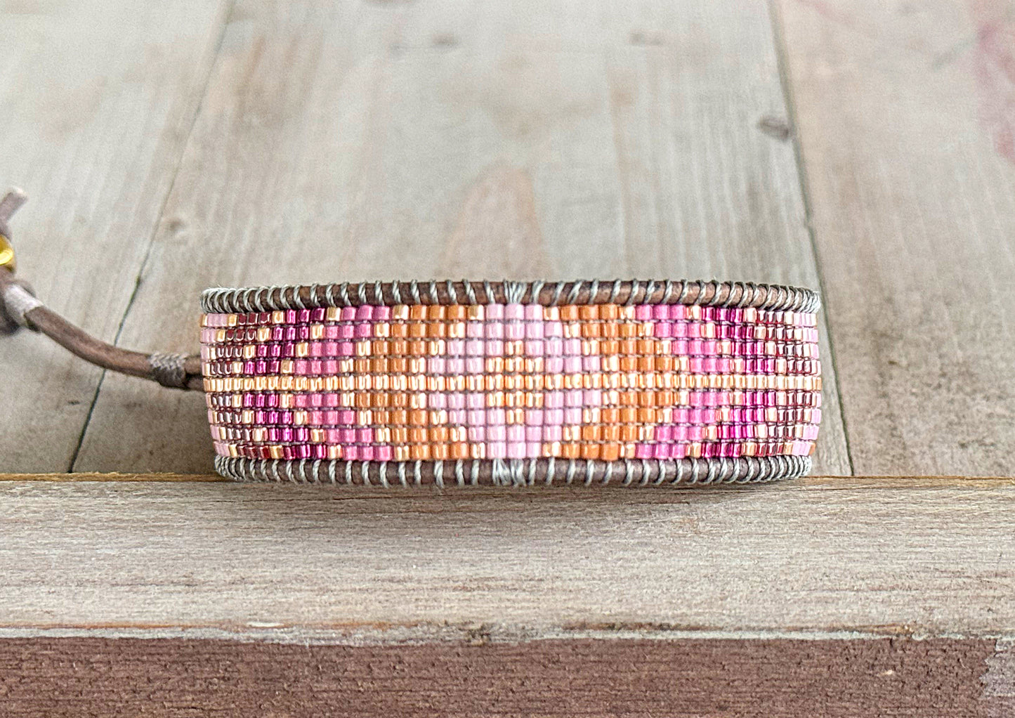 Purple and Peony Geometric Diamond Arrow Loom Beaded Leather friendship bracelet