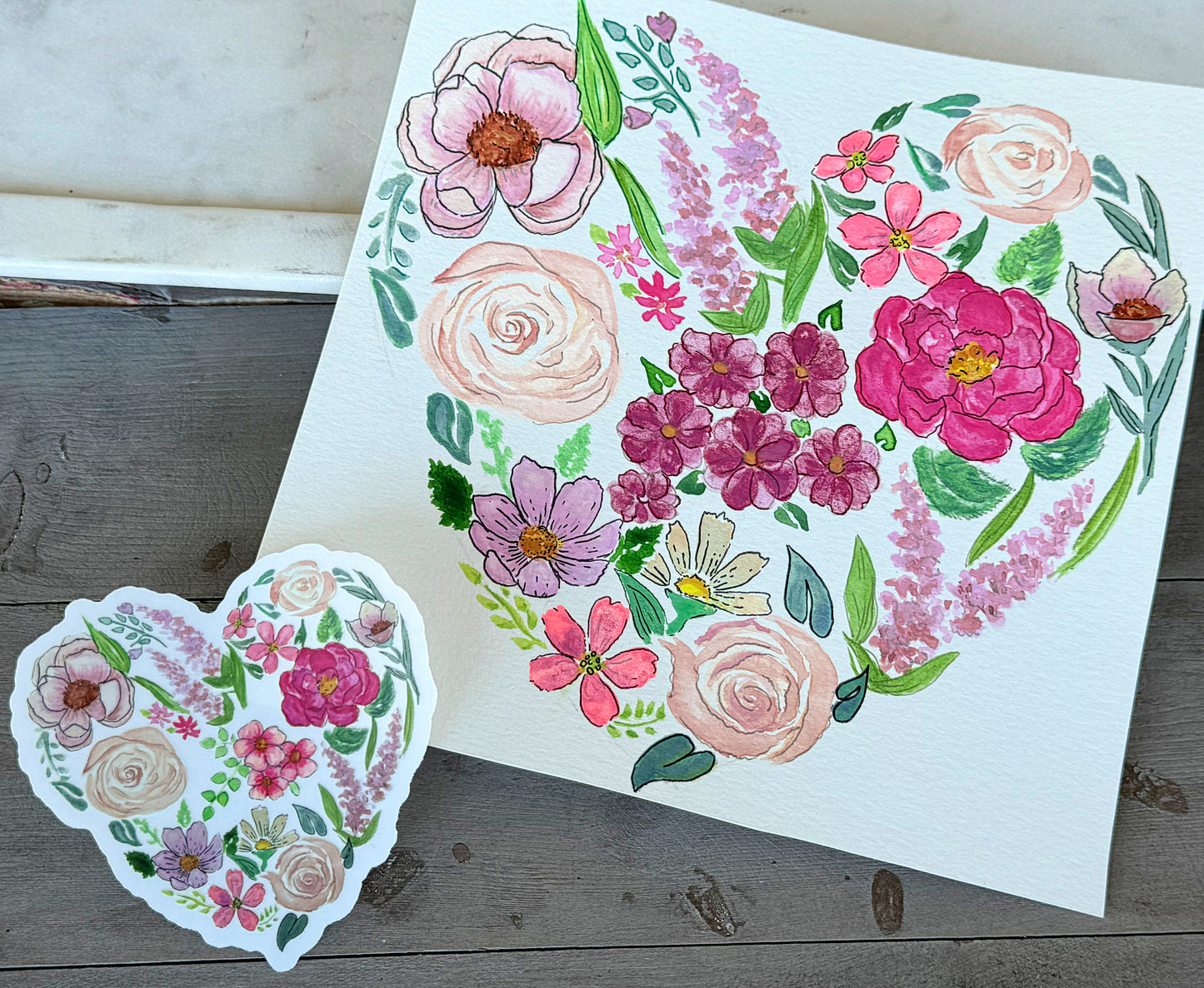 Watercolor Flower Heart floral Vinyl waterproof sticker