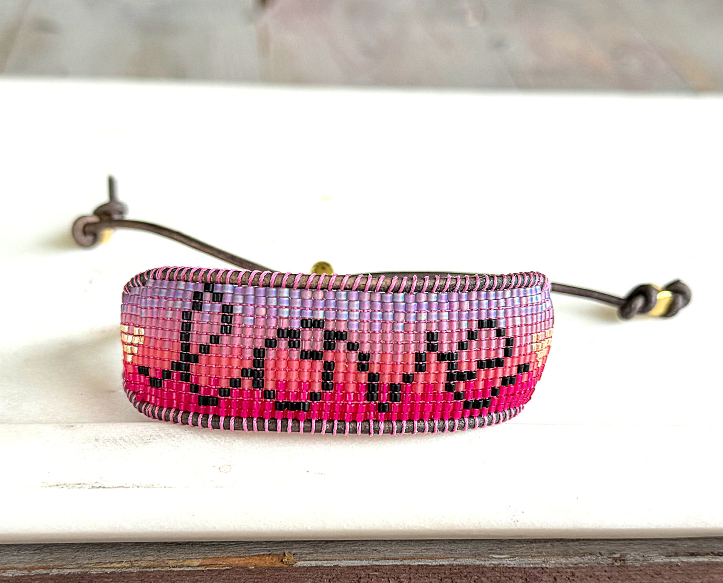 Adjustable Love Script Bead Loom Woven Leather Trimmed Bracelet
