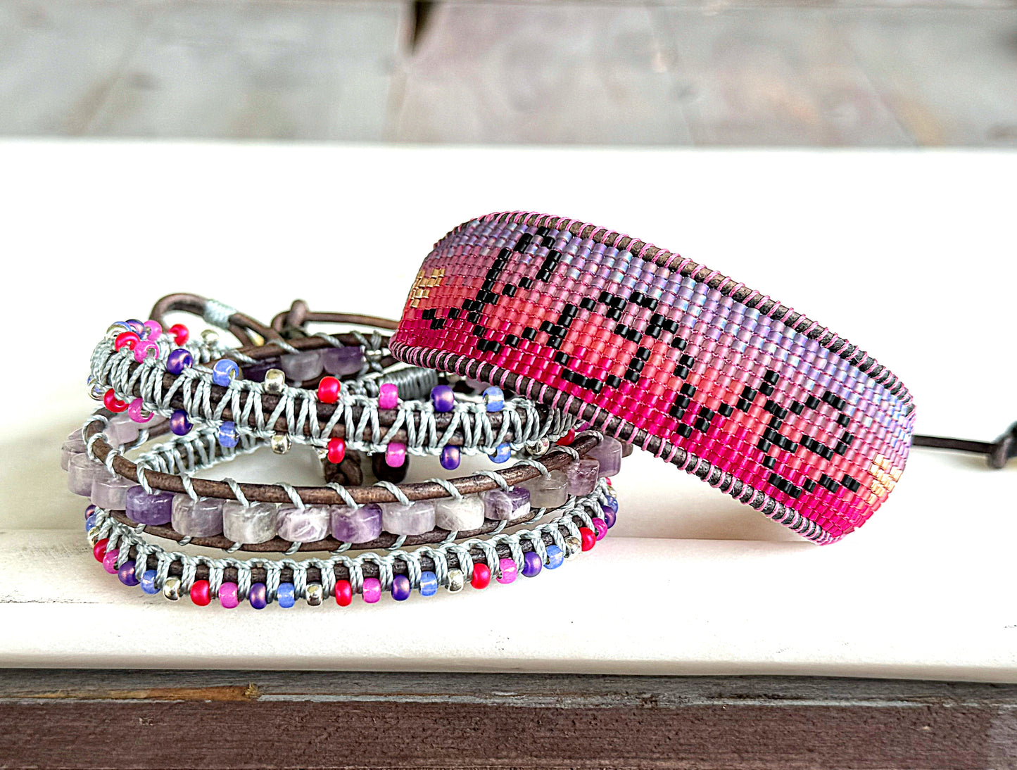 Adjustable Love Script Bead Loom Woven Leather Trimmed Bracelet
