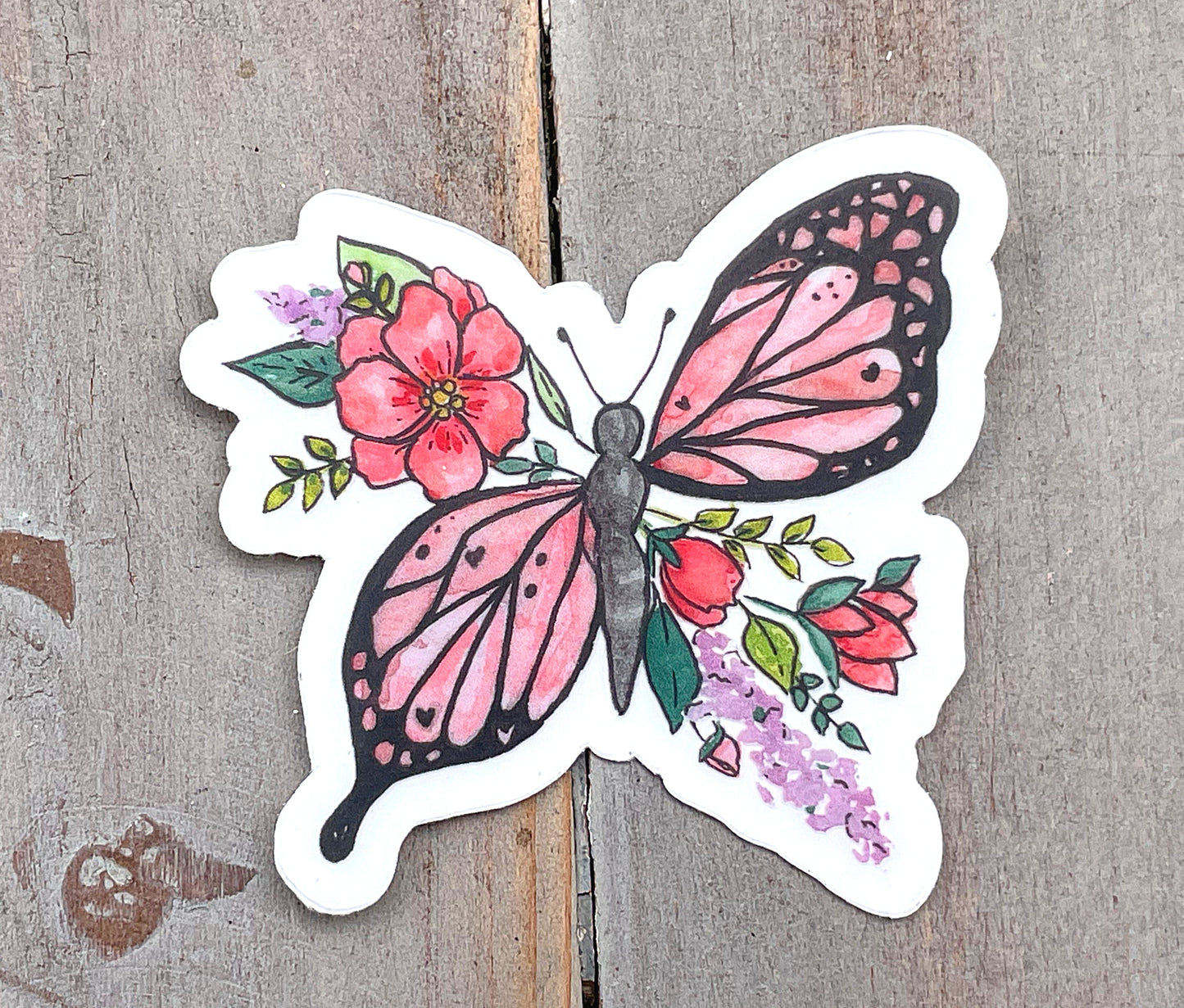Butterfly Floral Watercolor Waterproof Vinyl Sticker butterfly sticker, bumper sticker, sticker for water bottle pink butterfly sticker