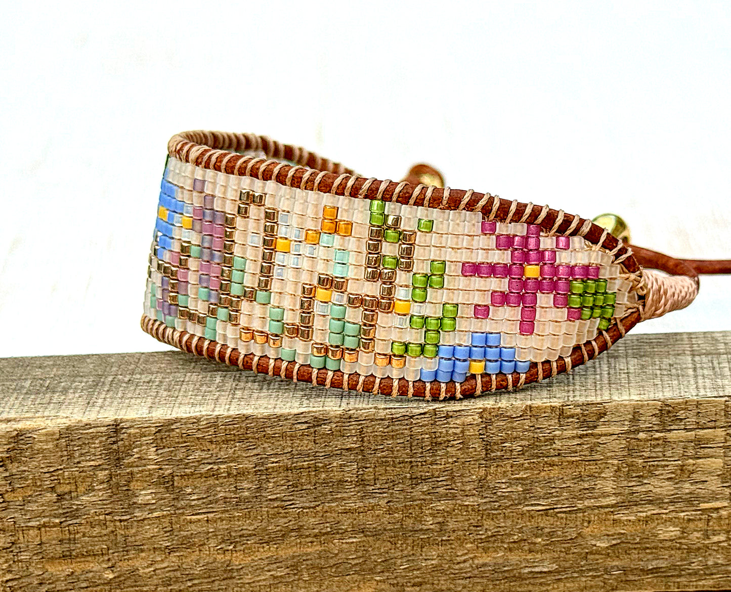 WILD flower bead loom woven bracelet with slide adjustable leather trim