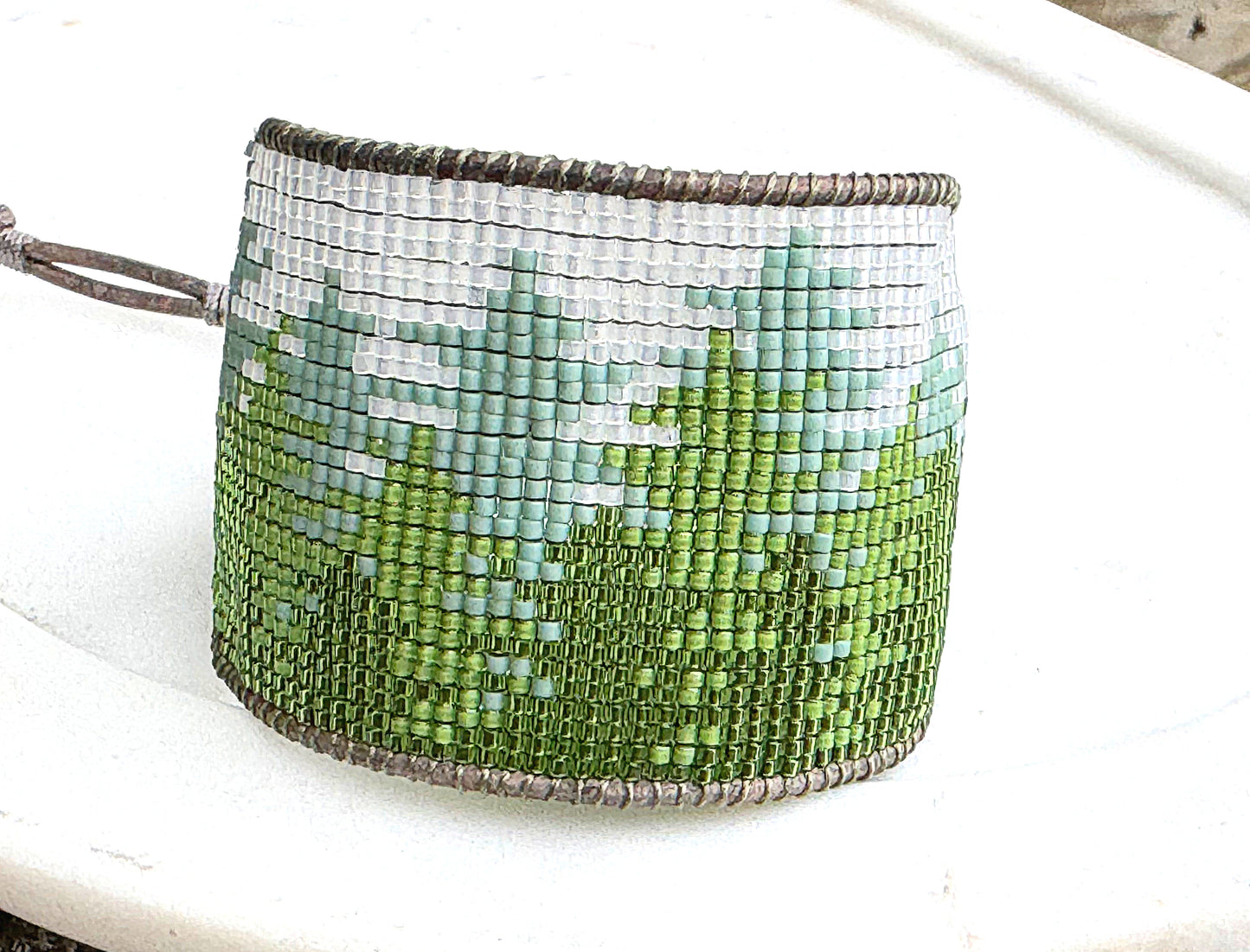 Into the Forest Evergreen Bead Loom Woven Wide Cuff Bracelet with Leather Trim