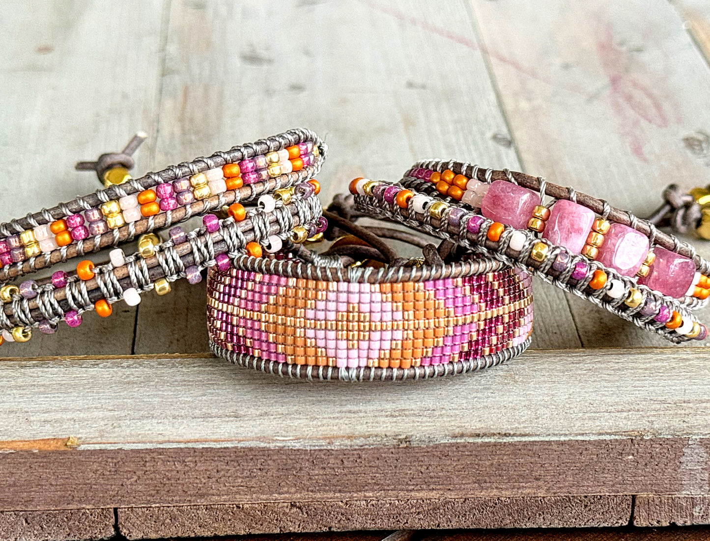 Purple and Peony Geometric Diamond Arrow Loom Beaded Leather friendship bracelet