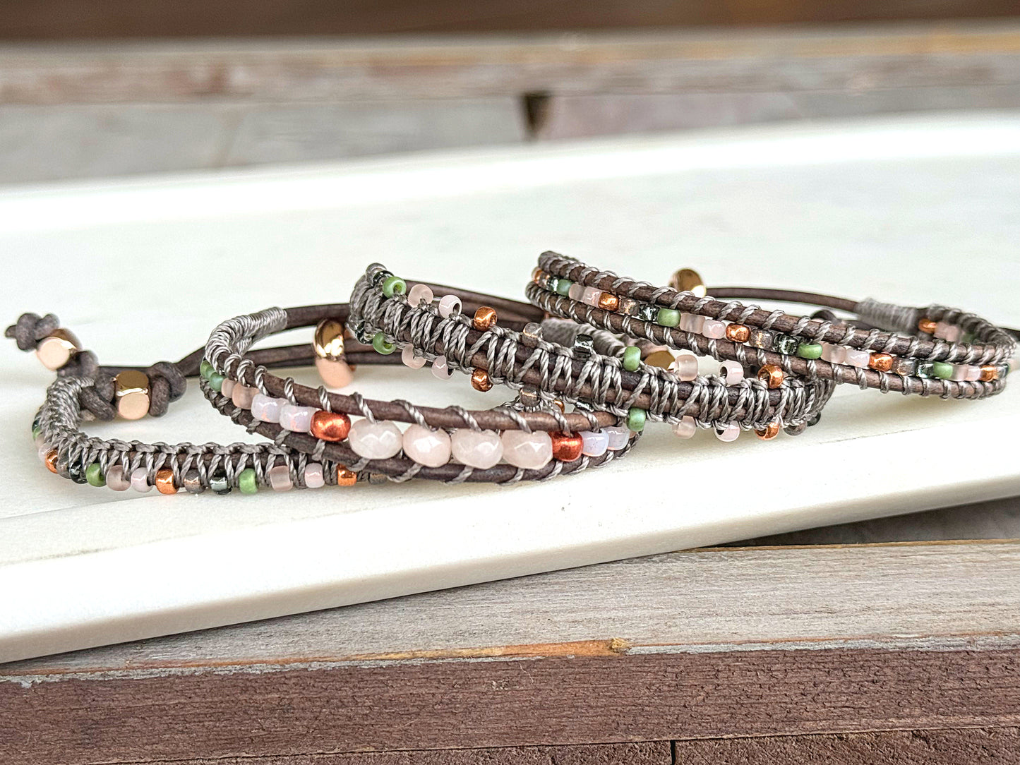Blush, Jade, Rose Gold, and Gray Adjustable Beaded Macrame Bracelet Set