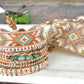 Sage, Copper, and Natural Beige Starburst Bead Loom Woven Leather trimmed Bracelet