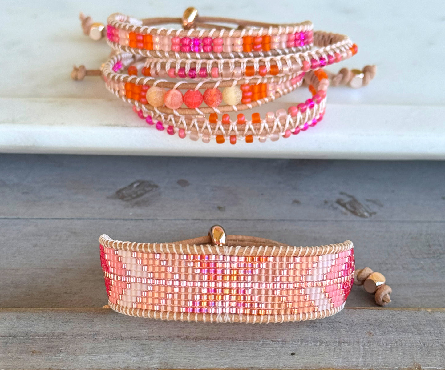 Hot pink Agate and glass bead Adjustable Leather Bracelet