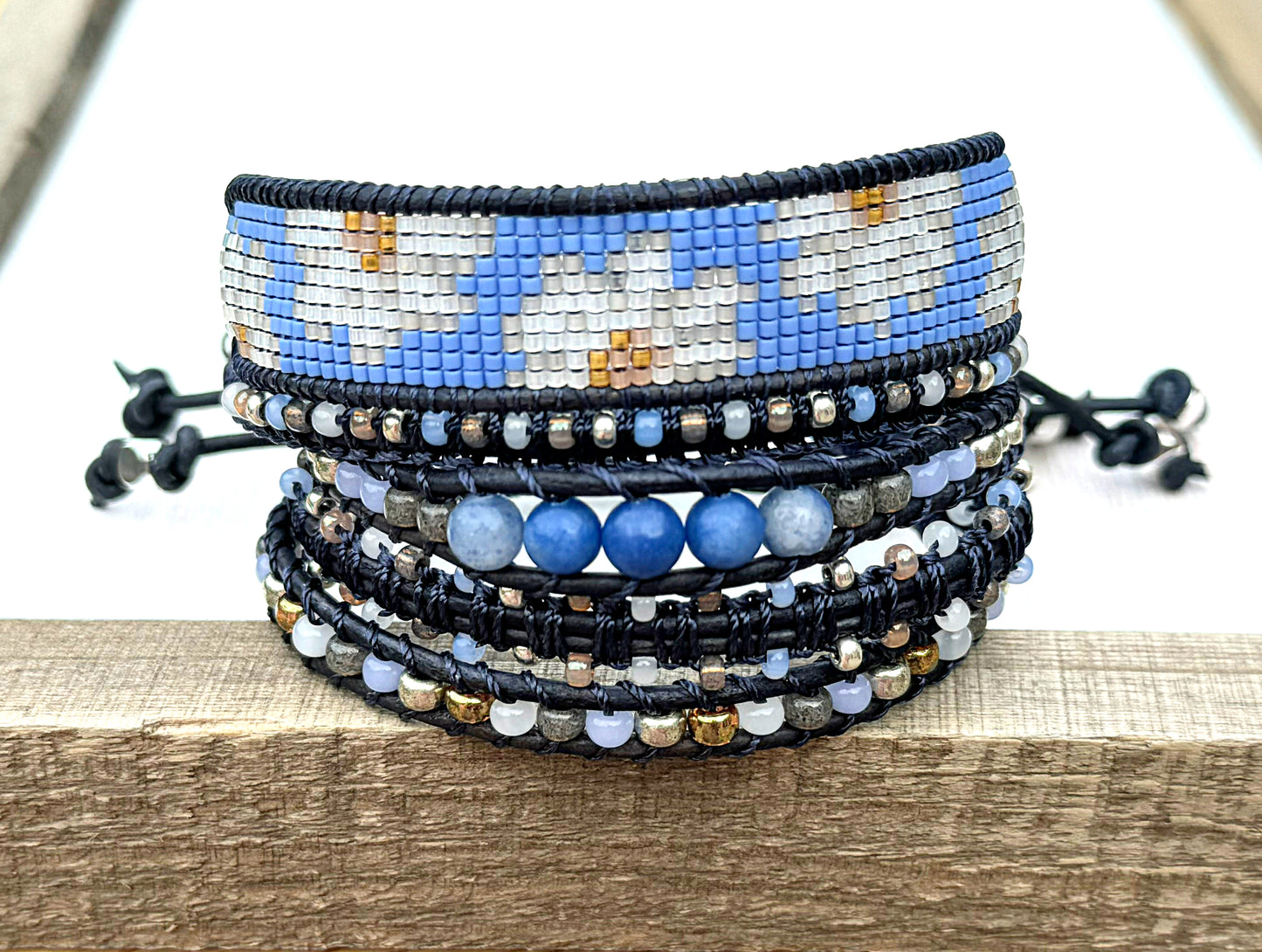 Blue Daisy Bead Loom and Macrame Bracelet stack set