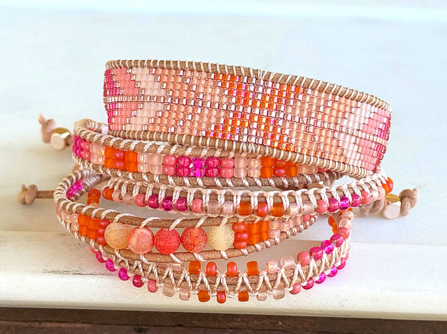 Hot pink Agate and glass bead Adjustable Leather Bracelet