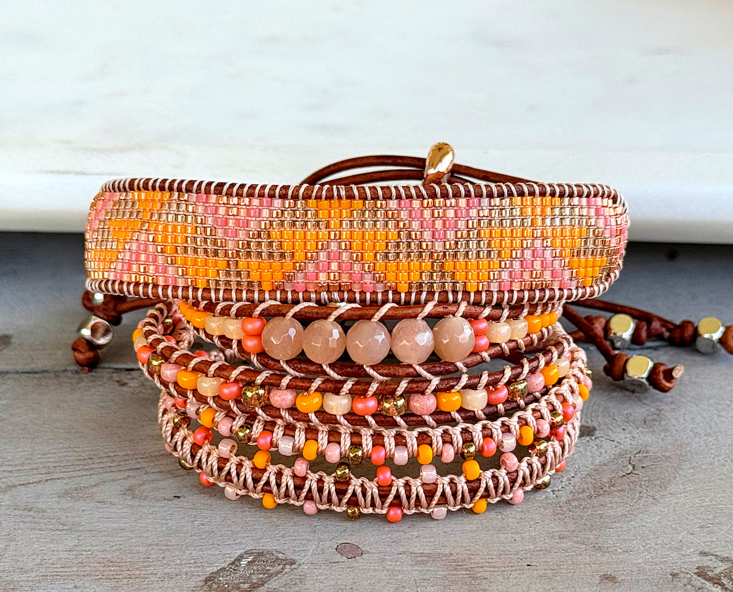Sunshine, Peach Fuzz, and Coral Western Loom and Macrame Bracelet stack set