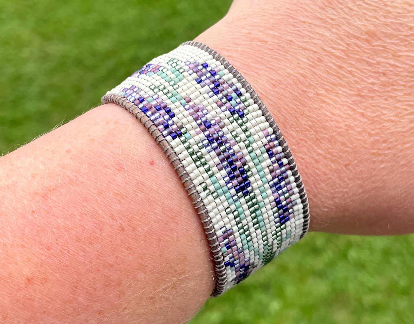 Lavender Floral Bead Loom Woven Bracelet with Leather Trim