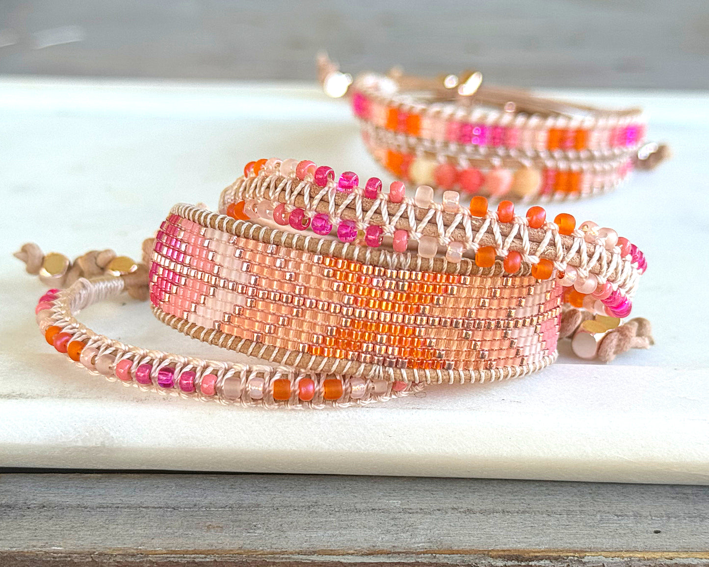 Hot Pink and Orange Geometric Arrow Loom and Macrame Bracelet stack set