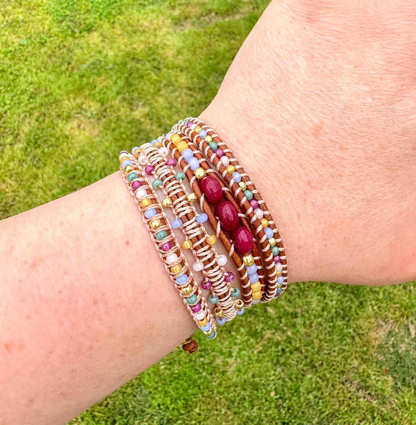 Wildflower mix glass bead Macrame Adjustable Leather Bracelet