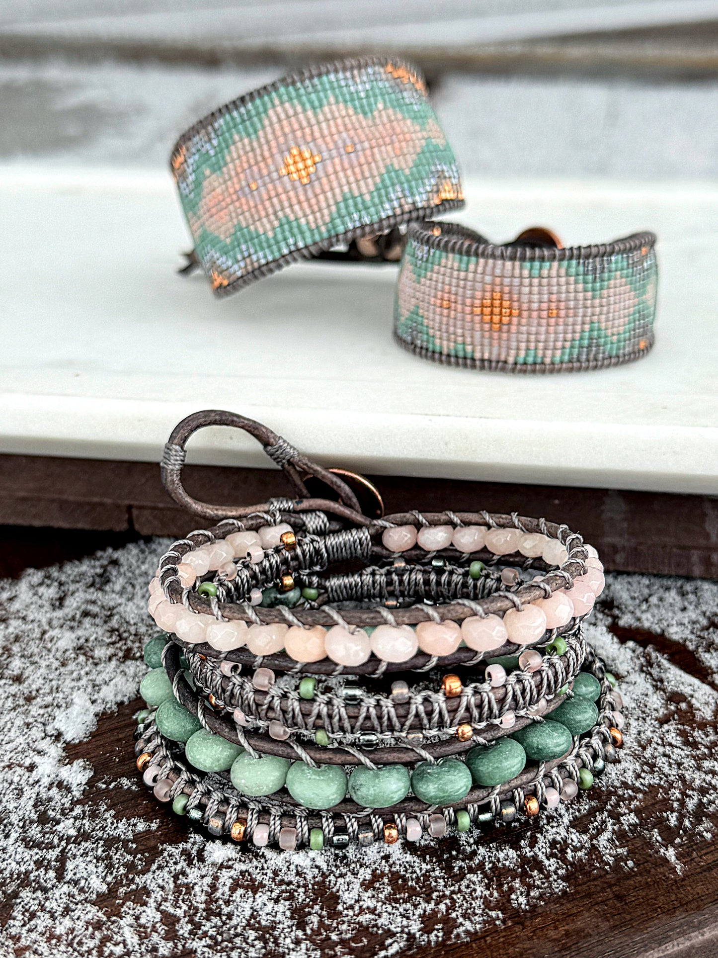 Gray, Blush Quartz, Jade, and Rose Gold Beaded Leather Wrap Bracelet