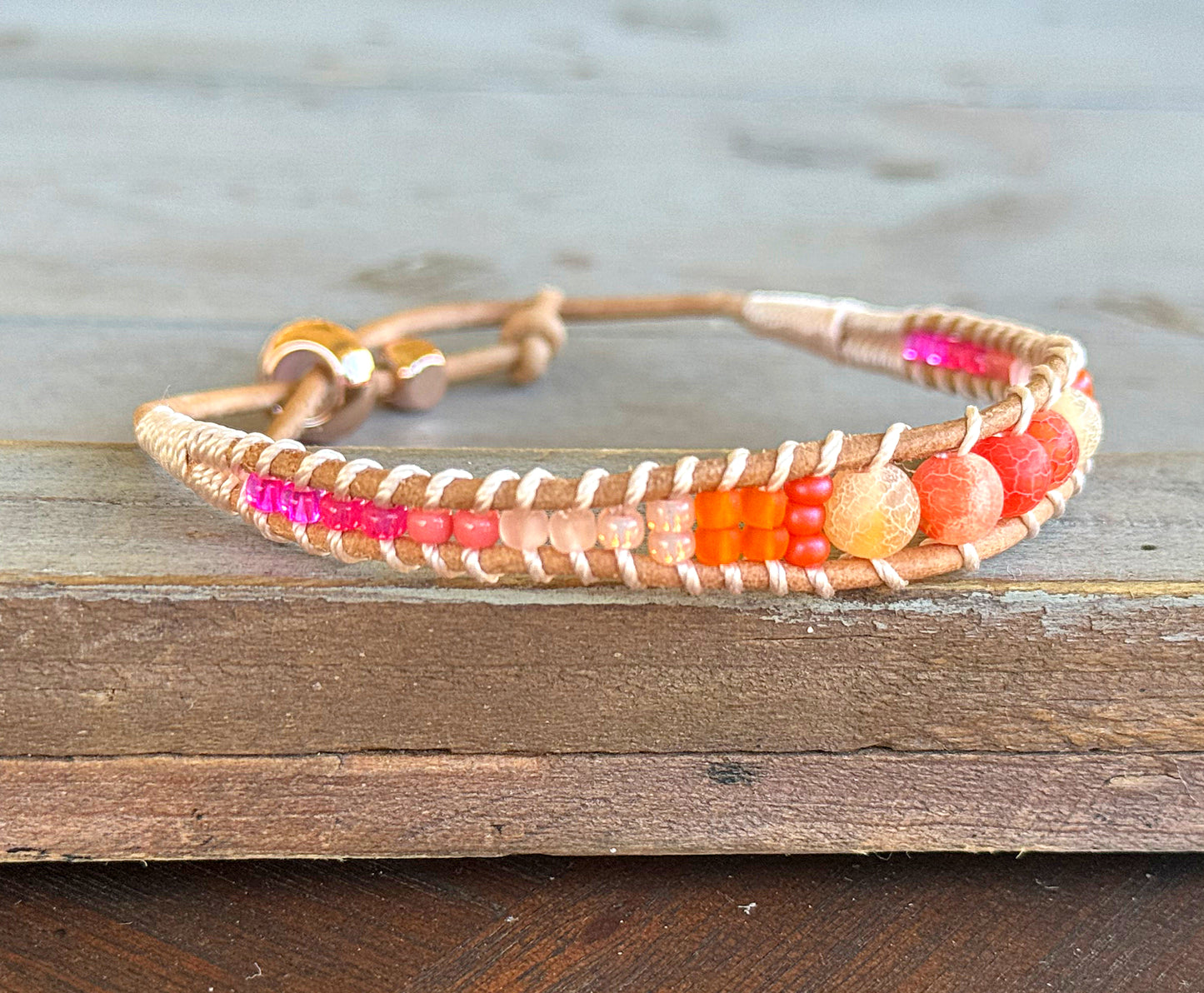 Hot pink Agate and glass bead Adjustable Leather Bracelet