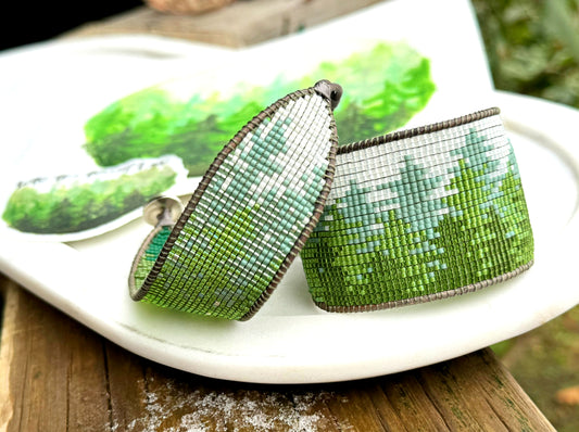 Into the Forest Evergreen Bead Loom Woven Wide Cuff Bracelet with Leather Trim