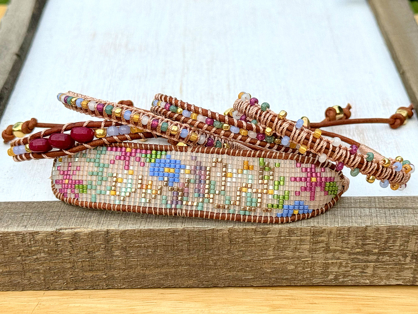 WILD flower bead loom woven bracelet with slide adjustable leather trim