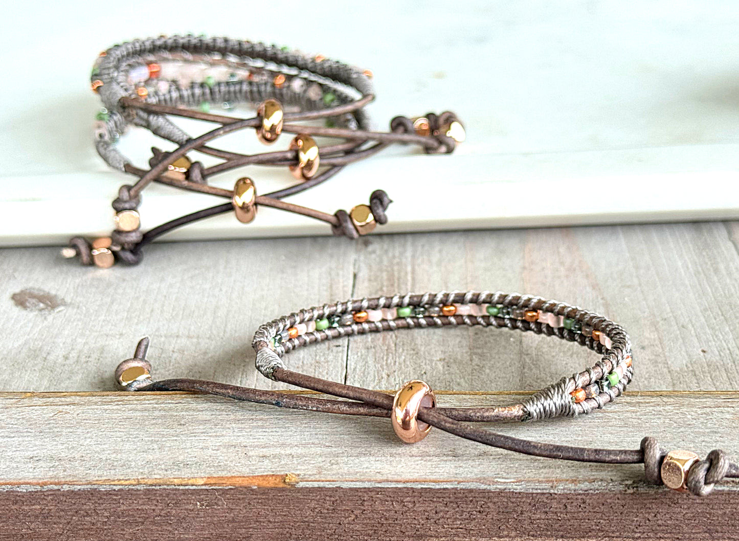 Blush, Jade, Rose Gold, and Gray Adjustable Beaded Macrame Bracelet Set