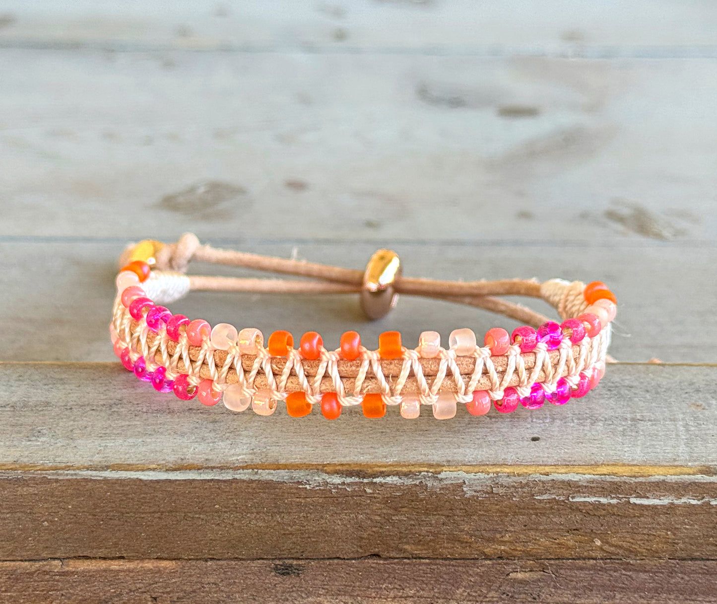 Hot pink Agate and glass bead Adjustable Leather Bracelet